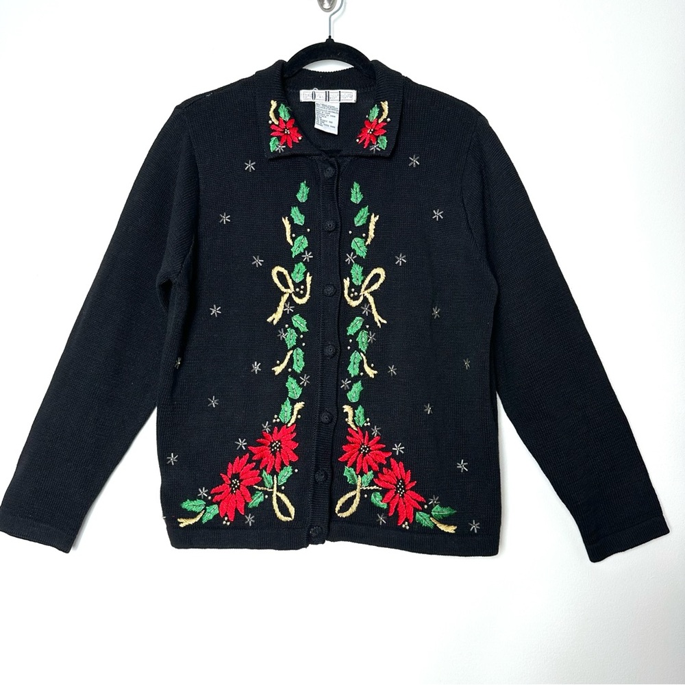 Vintage Ugly Christmas Sweater Kitschy Poinsettia Beaded Embroidered Grannycore